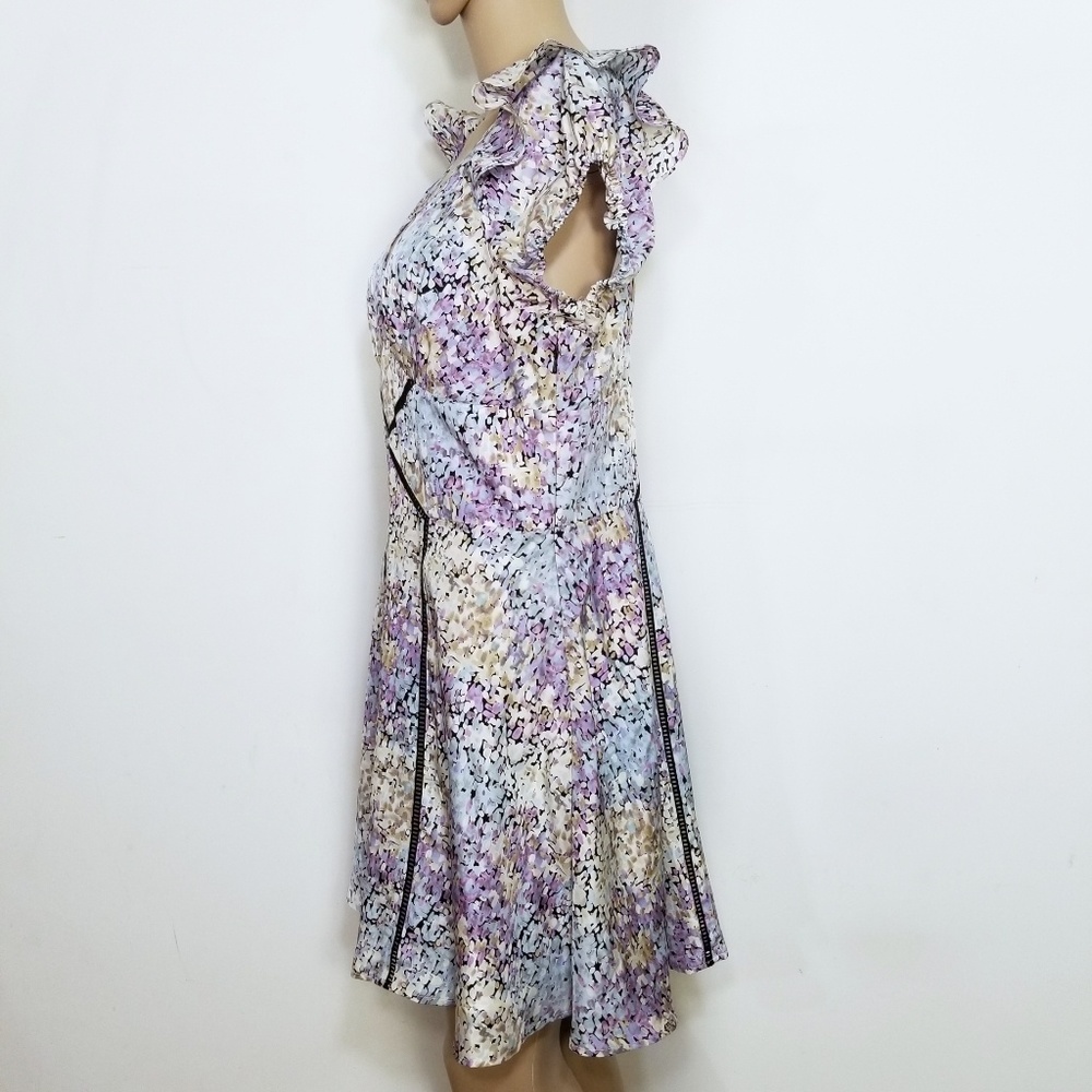 Bebe Abstract Floral Ruffle Open Back Dress Large - Picture 3 of 7